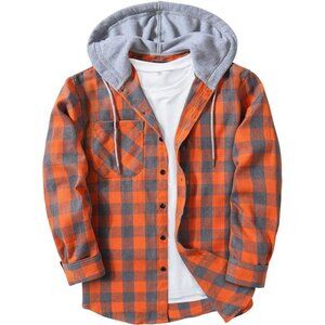 Men's Flannel Hoodie Shirts Casual Button Down Plaid Shirt Jackets